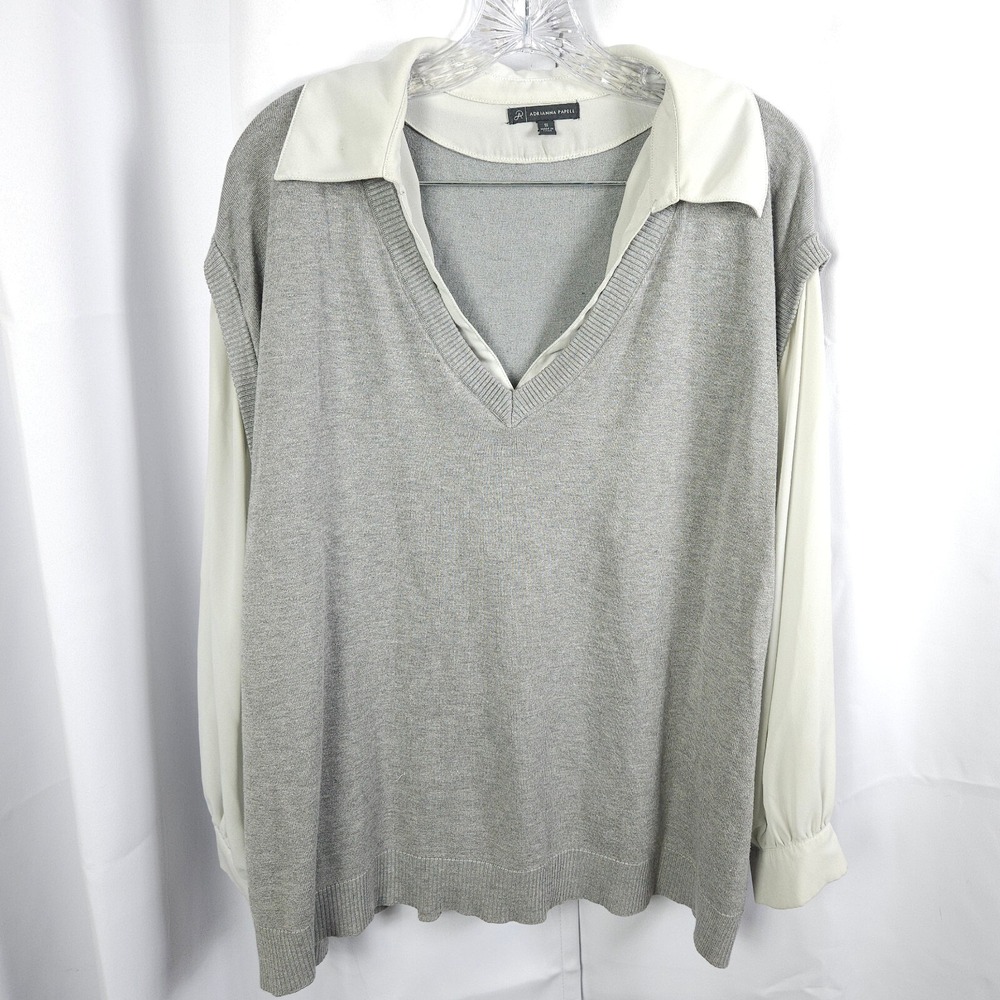 Adrianna Papell Gray White‎ Layered Sweater Vest Blouse V-Neck Women's 1X